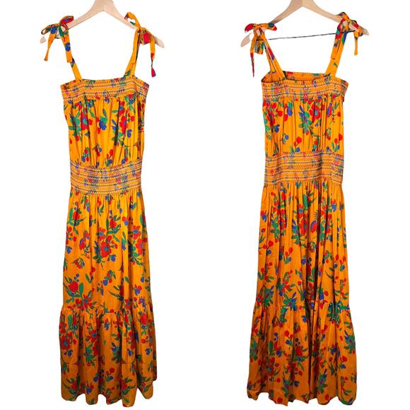 TORY BURCH NEW $448 Smocked Orange Green & Red Ruffle Floral Print Dress - Large - Picture 7 of 16